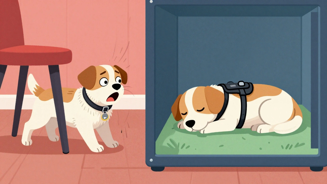 Split image: one side shows a dog trapped by a snagged collar, the other shows the same dog safe in a harness.