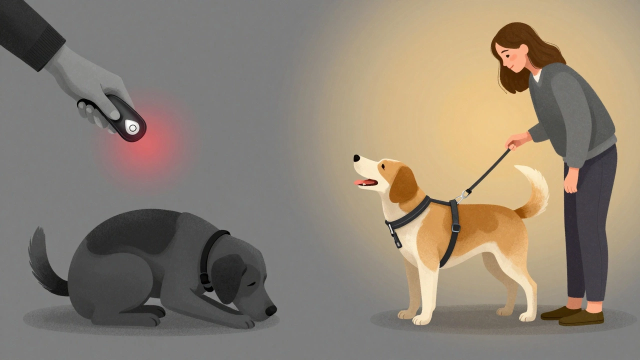 Split image showing a fearful dog with an e-collar versus the same dog happily receiving a treat with a harness.