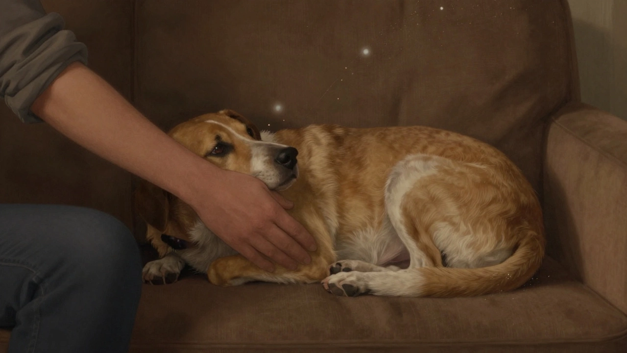 A dog cuddles near a human, with subtle scent particles floating around its tail, symbolizing pack bonding.