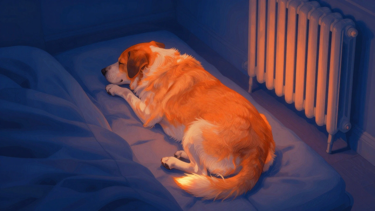 A dog sleeps with its rear toward a person, absorbing warmth from their body in a cool, cozy room.