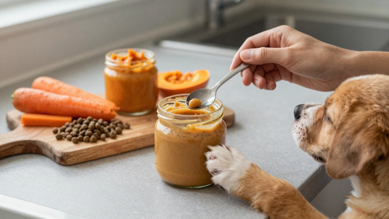 A hand gently offering a tiny spoonful of peanut butter to a puppy while safe alternatives are visible.