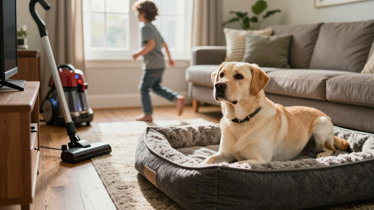 A Labrador Retriever watches TV in a busy living room, with a vacuum and child in the background.