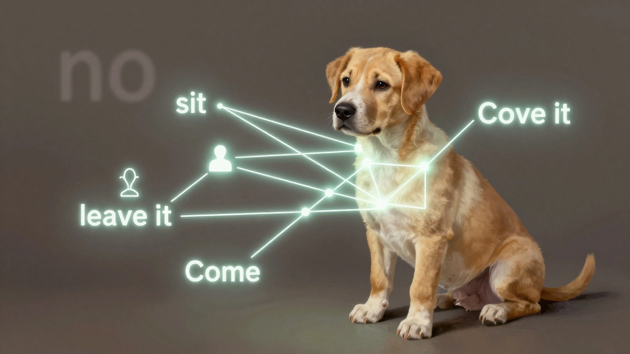 A puppy’s mind illustrated as glowing neural pathways connecting positive commands, with 'no' fading in the background.