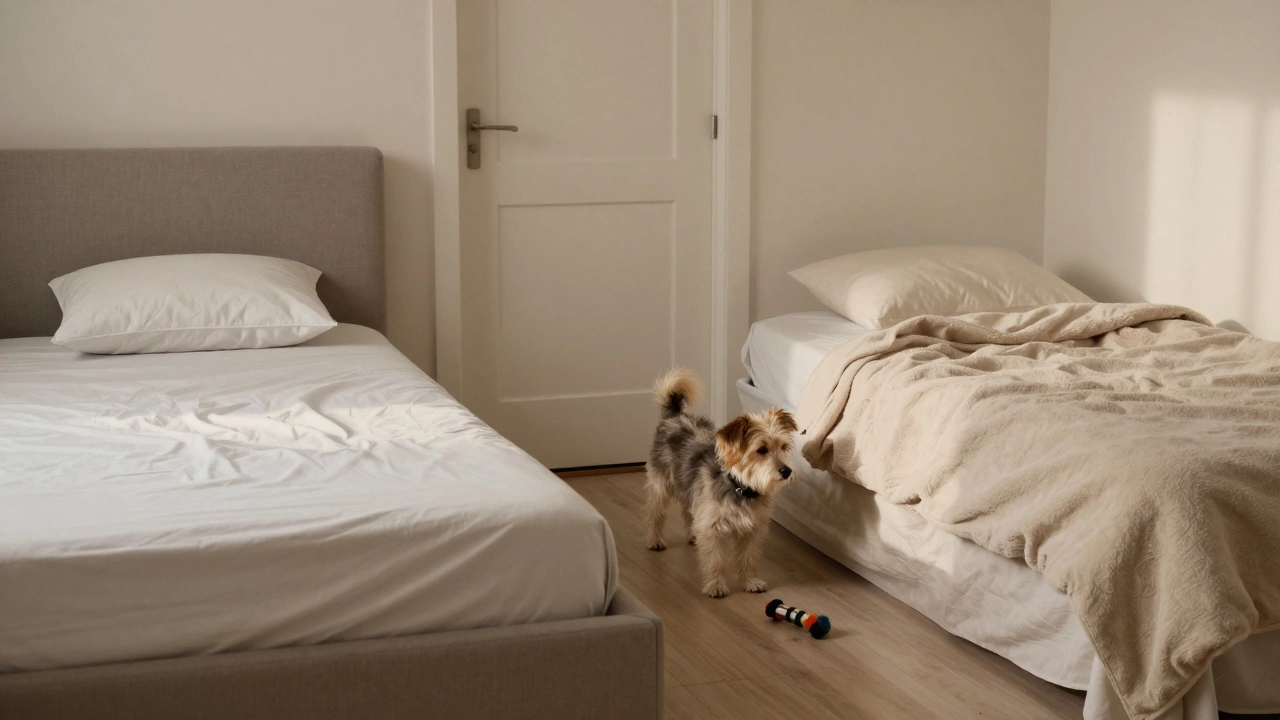A small rescue dog stands between two beds—one in the living room, one near a closed bedroom door.