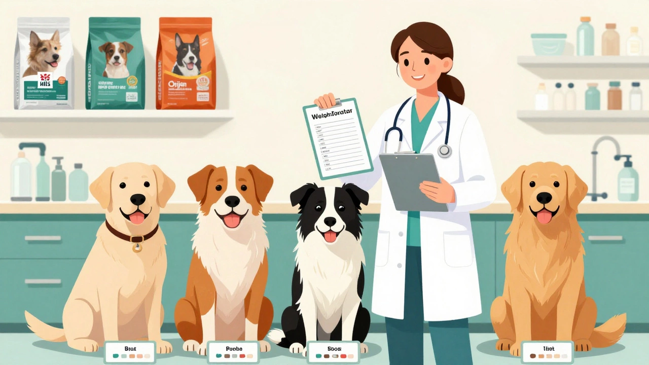 A UK veterinarian reviewing health data for three dog breeds with labeled food brands on shelves behind her.