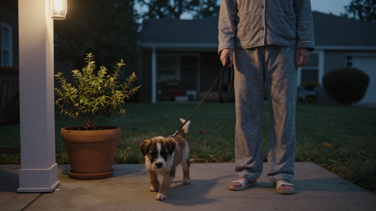 An owner calmly takes a puppy outside on a leash at night without speaking or touching, focusing on a simple bathroom break.