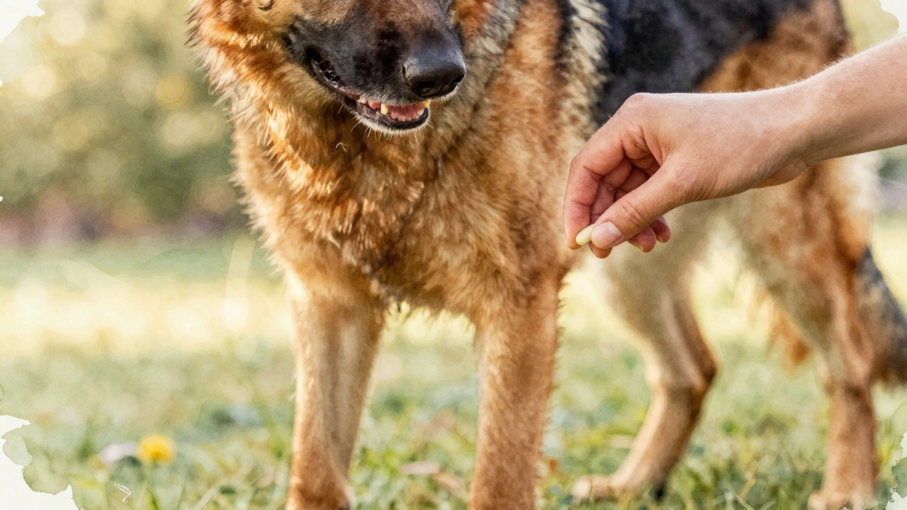 Owner giving glucosamine supplement to senior German Shepherd with joint issues