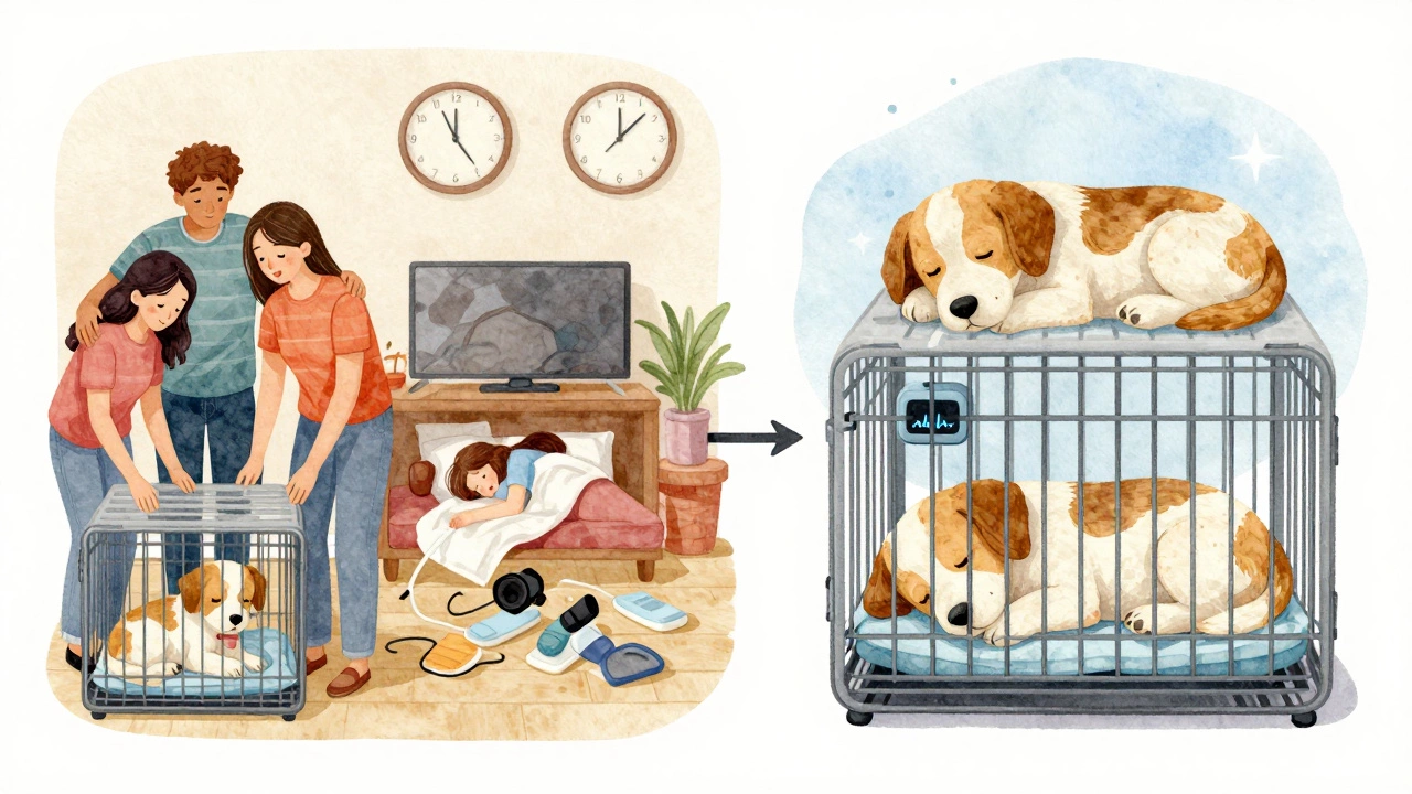 Split image: chaotic cuddling on one side, calm independent sleep on the other, showing how puppy behavior evolves with consistent training.