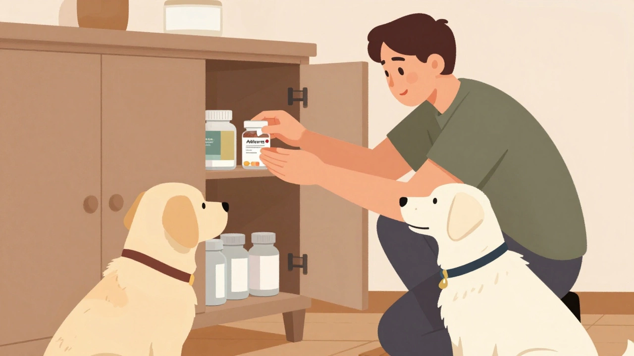 Supplements stored safely in locked cabinet away from pets