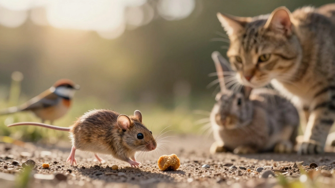 A cat’s natural prey in soft focus with a single kibble in foreground, highlighting dietary mismatch.