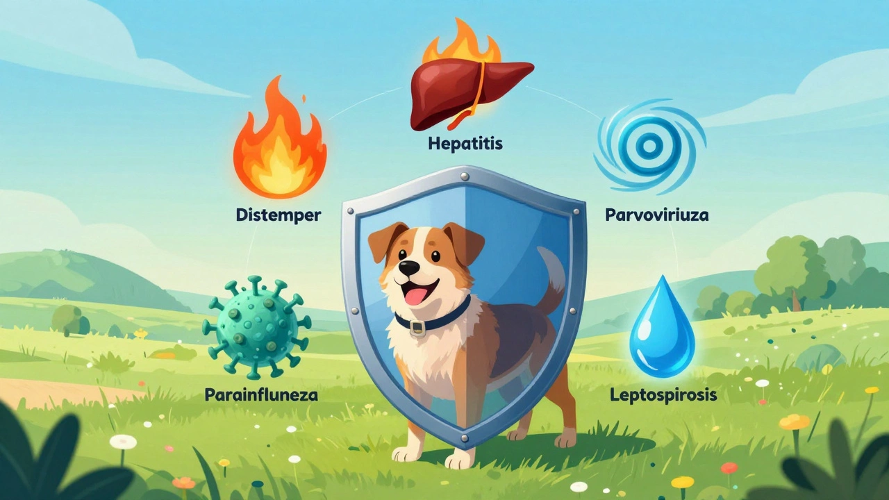 A dog protected by a shield formed from five symbolic disease elements.
