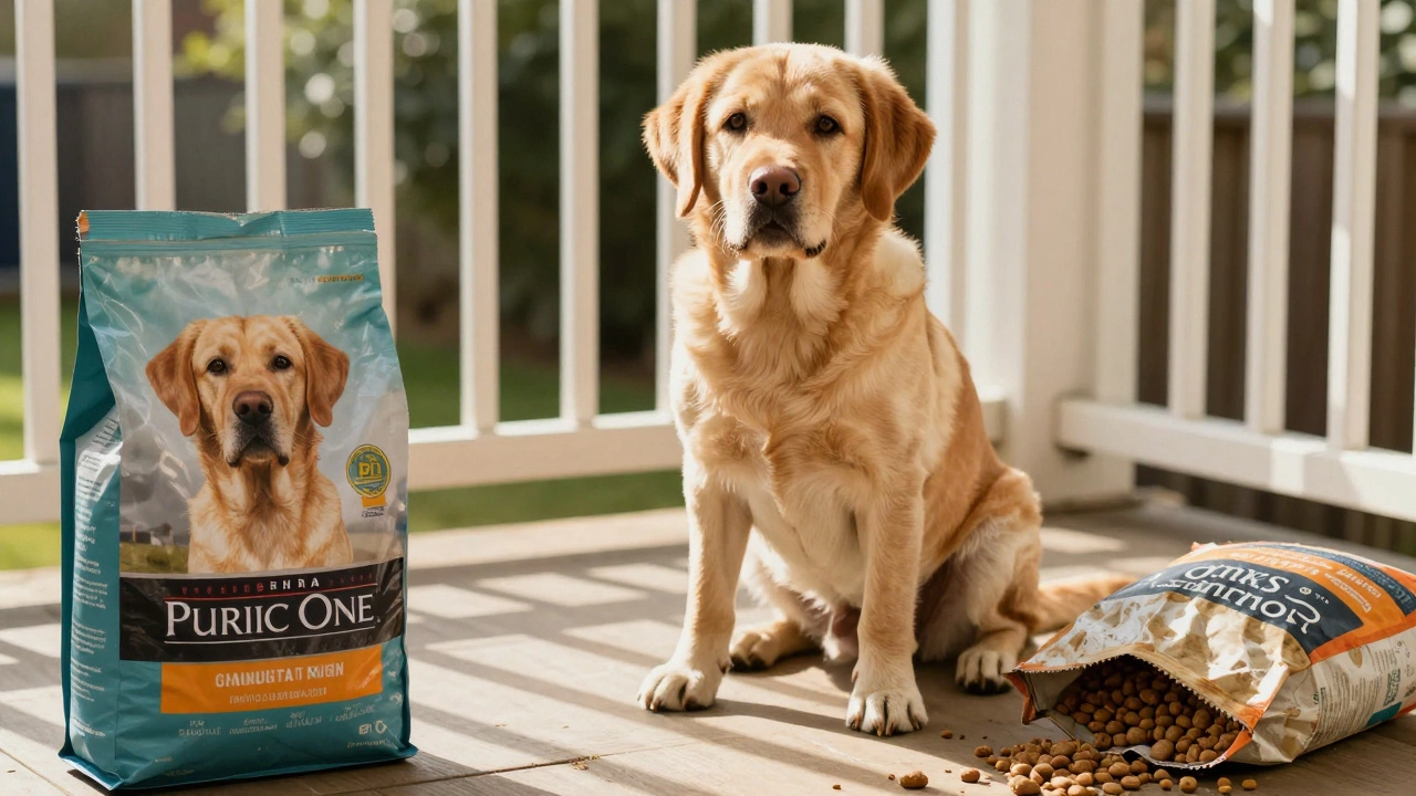 A healthy Labrador with a shiny coat sitting on a sunlit porch, an open bag of Purina One nearby, suggesting improved health through nutrition.