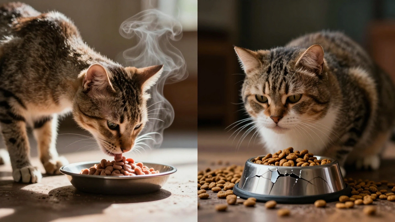 A lean cat eating wet food next to an overweight cat surrounded by dry kibble, showing health contrast.