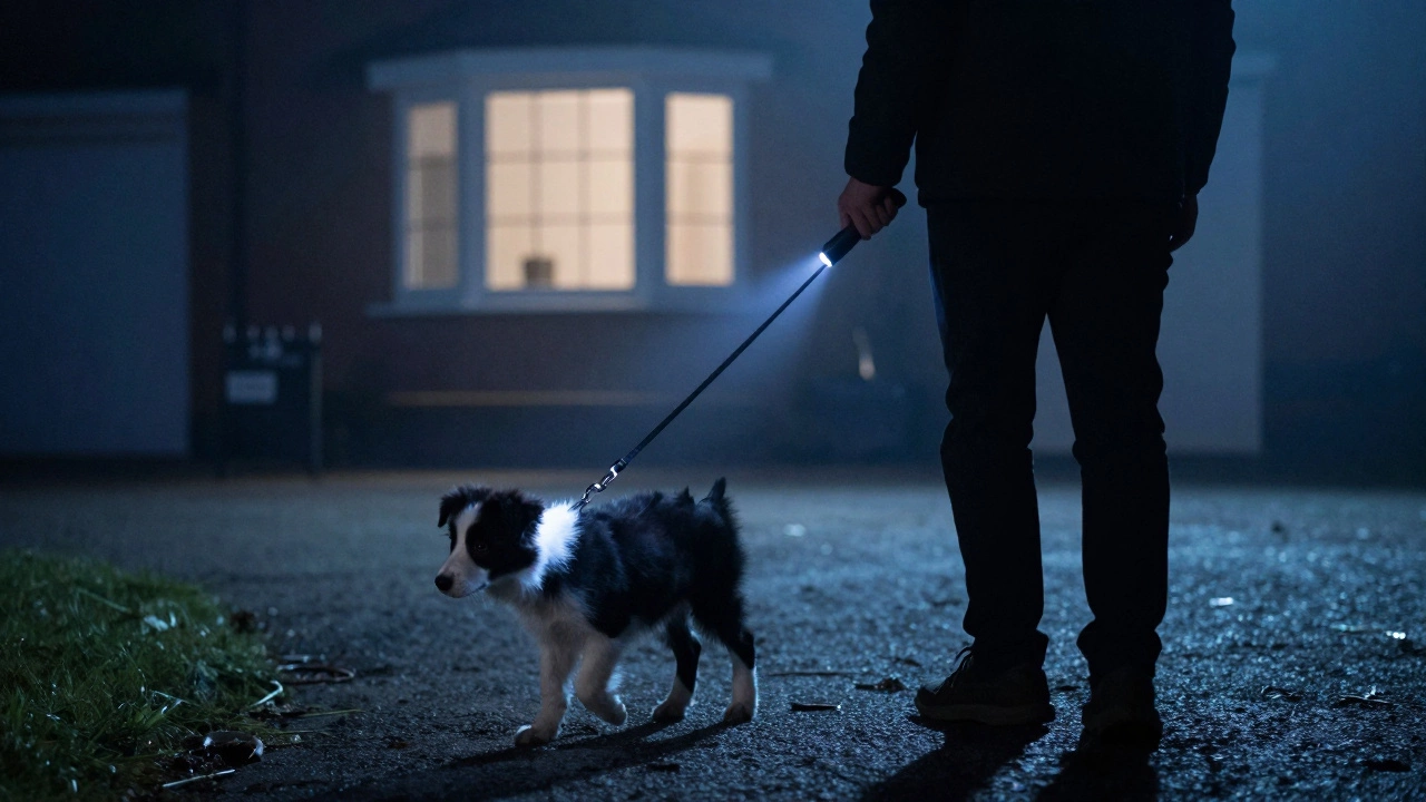 A puppy is calmly led outside at night by a shadowy figure for a bathroom break, under soft moonlight and a glowing house window.
