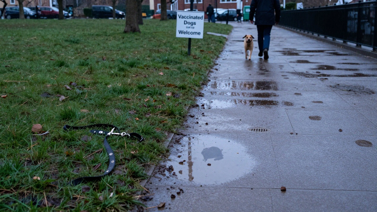 An abandoned leash beside a puddle in a UK park, with wildlife reflections.