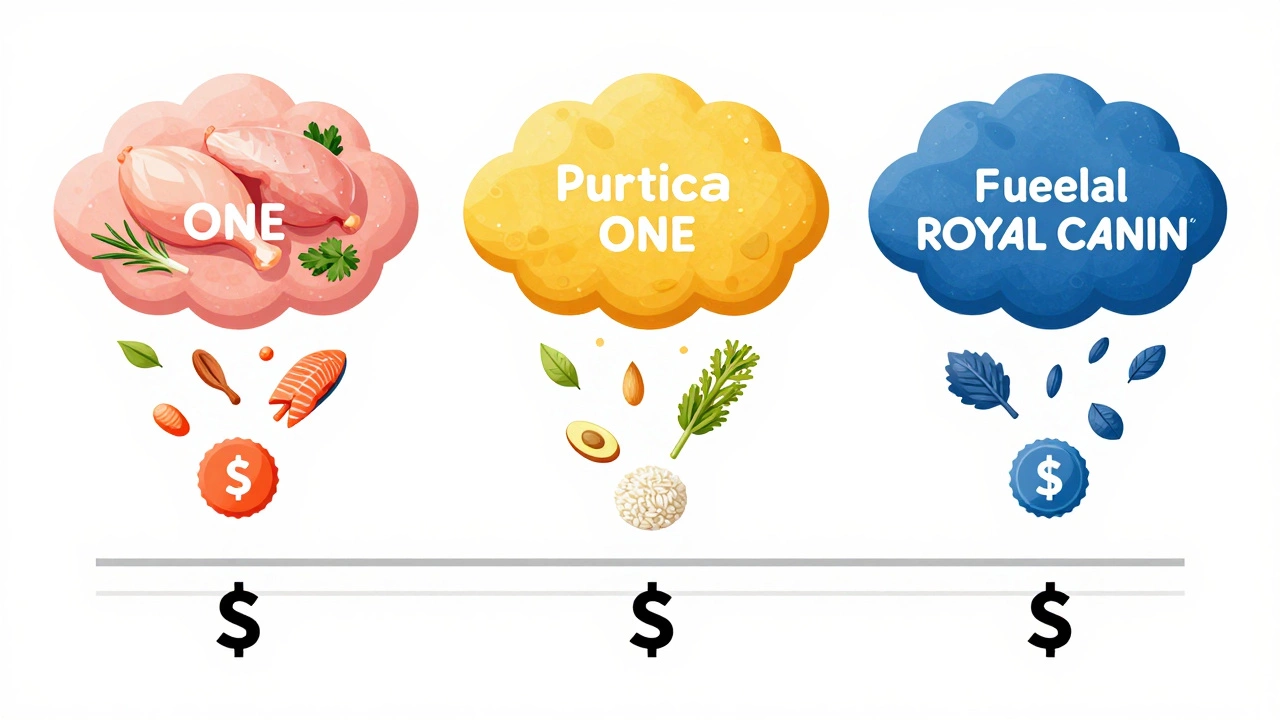 Artistic comparison of premium dog food brands with ingredient clouds and price indicators, no text, visual balance of nutrients and cost.