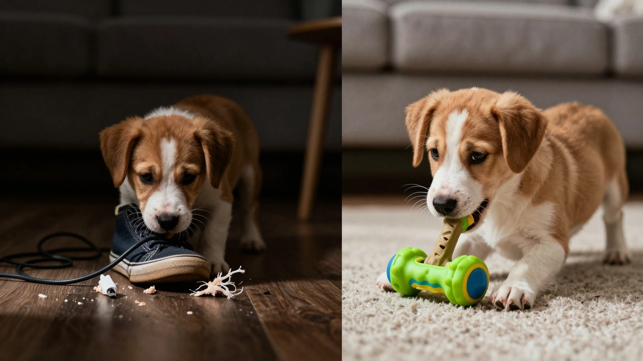 Contrast of a puppy chewing dangerous items vs. safe chew toys in a home setting.