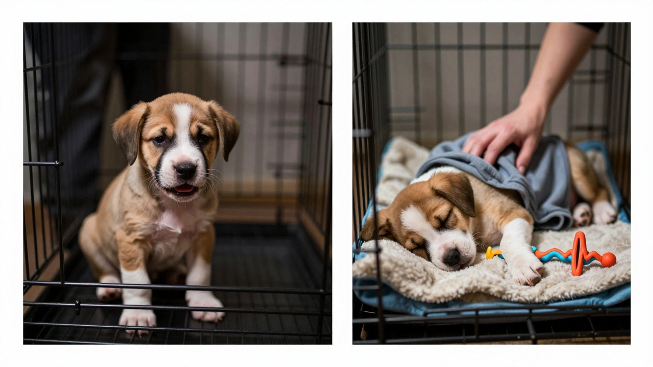 Contrasting images: a fearful puppy ignored in a large crate vs. a peaceful puppy in a properly sized crate with comforting items.