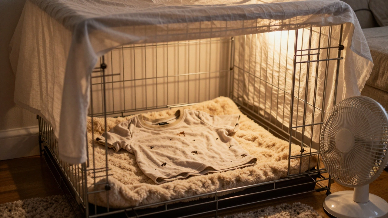 Cozy dog crate setup with blankets and fan for warmth and sound.