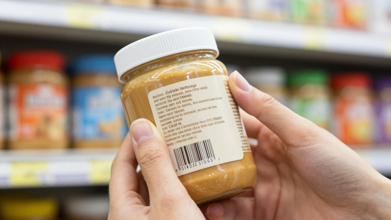Hands checking peanut butter ingredient label list