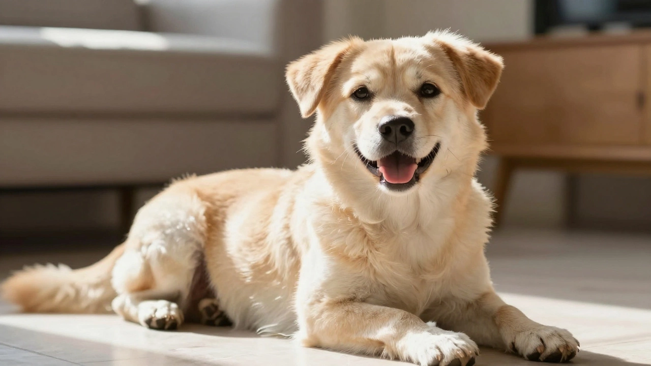 Happy dog lying in sunbeam showing relaxed posture after grooming