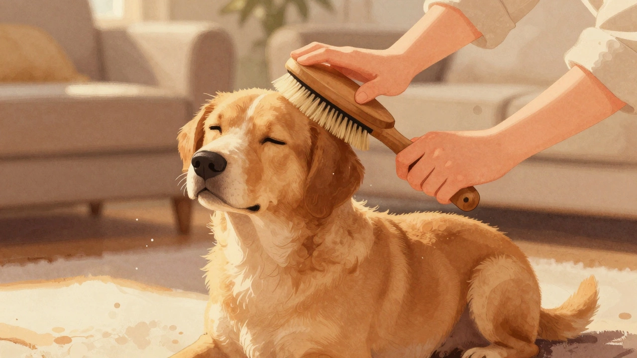 Owner gently brushing dog in cozy living room, showing calm bonding