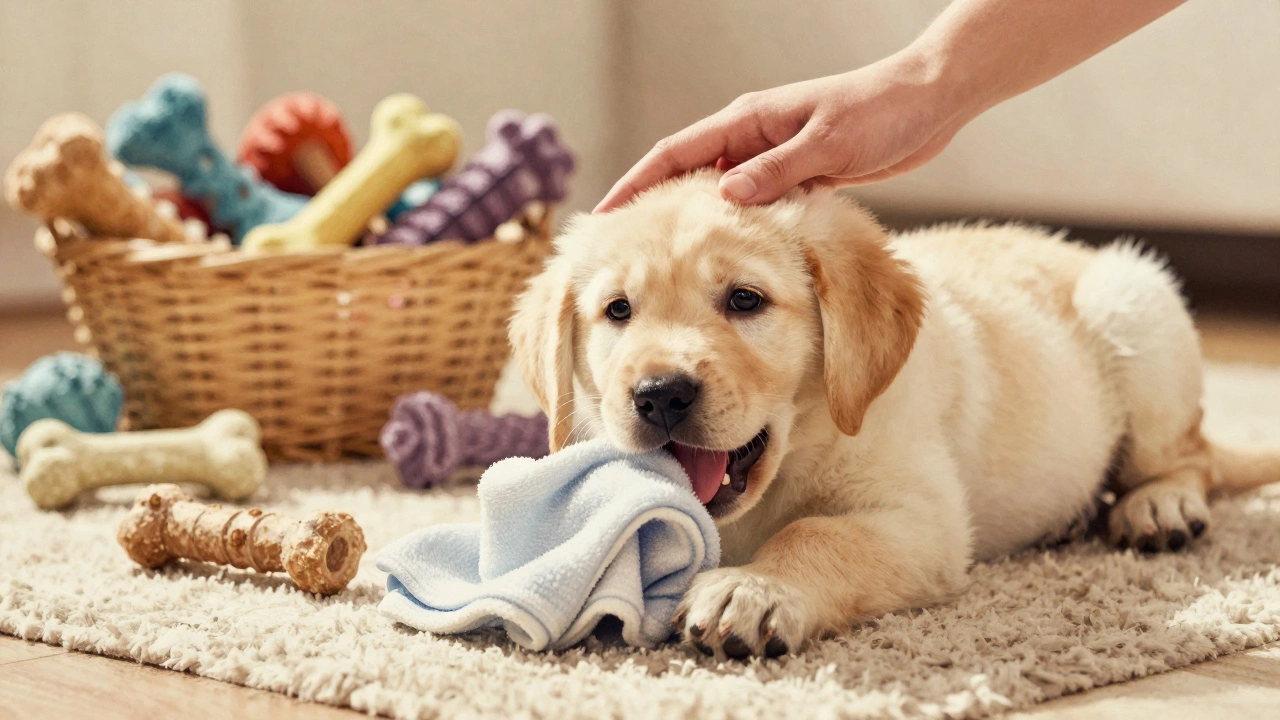 Puppy happily chewing a frozen washcloth while surrounded by safe chew toys.