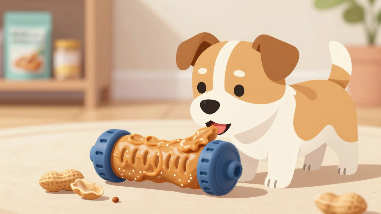 Small dog enjoying safe treat in enrichment toy