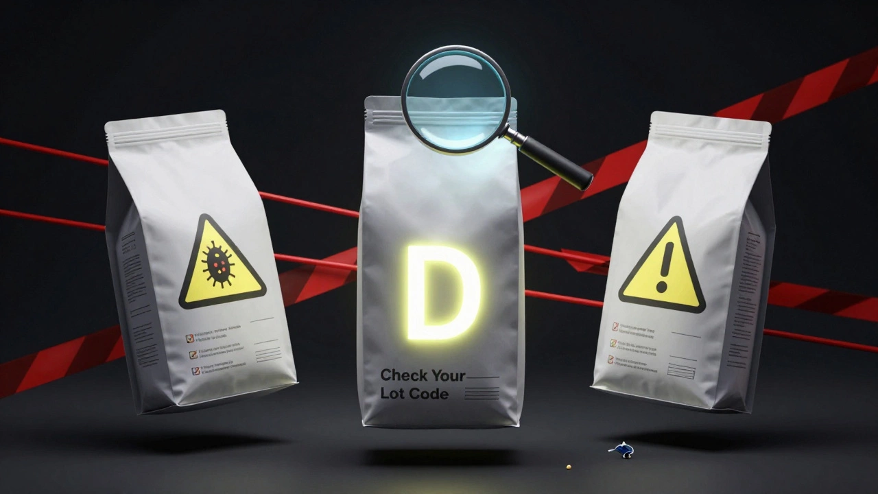 Three recalled dog food bags with warning symbols floating in dark space.