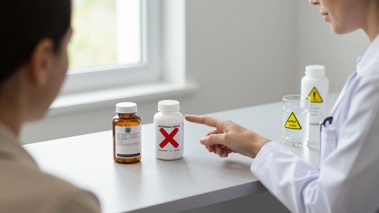 Vet comparing supplement labels: certified vs. risky ingredients on counter with warning symbols.