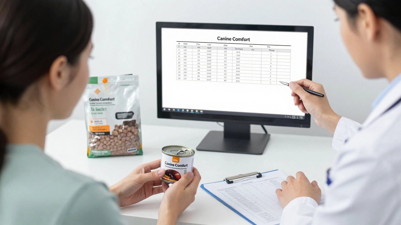 Veterinarian reviewing blood tests for a dog that ate recalled food.