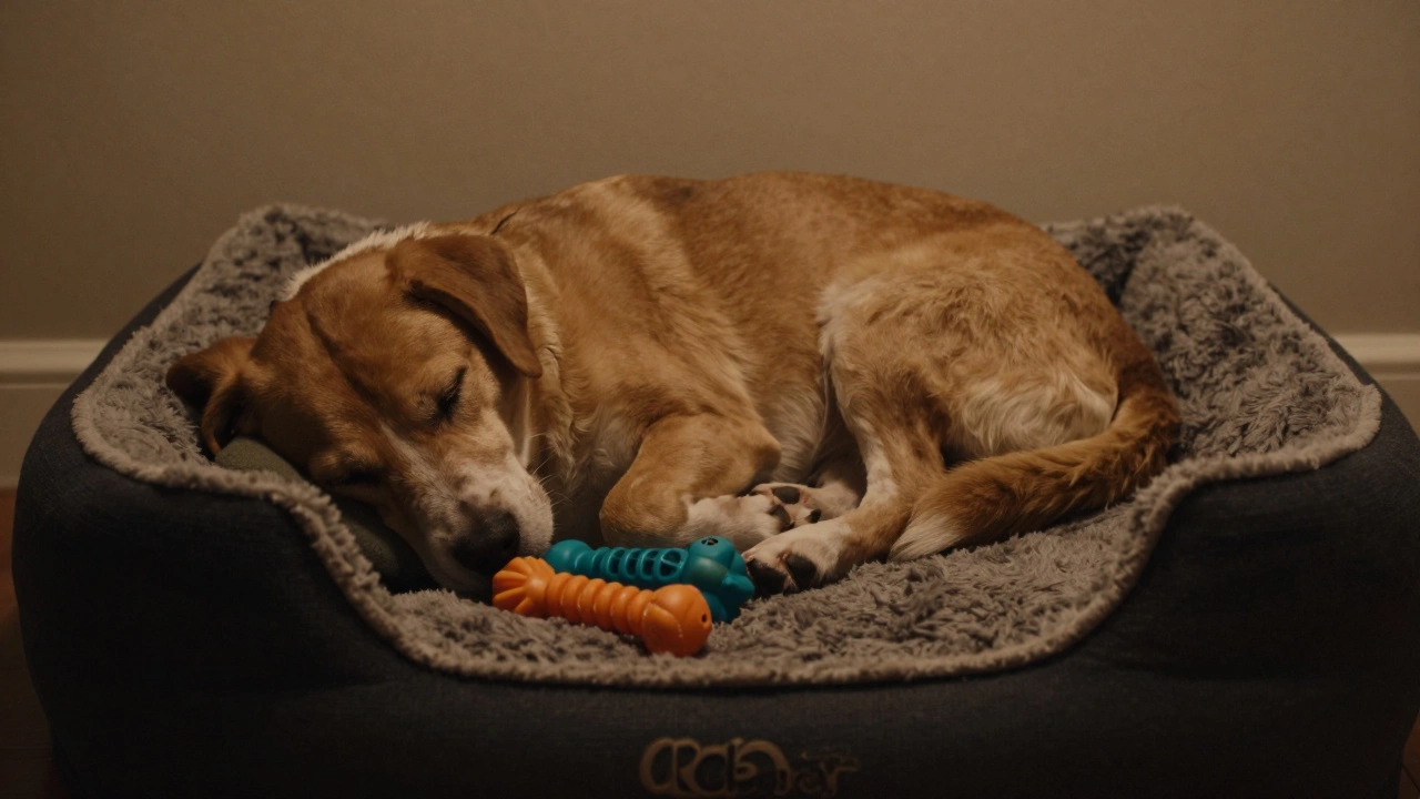 A calm young dog sleeping peacefully on a dog bed in a dimly lit room