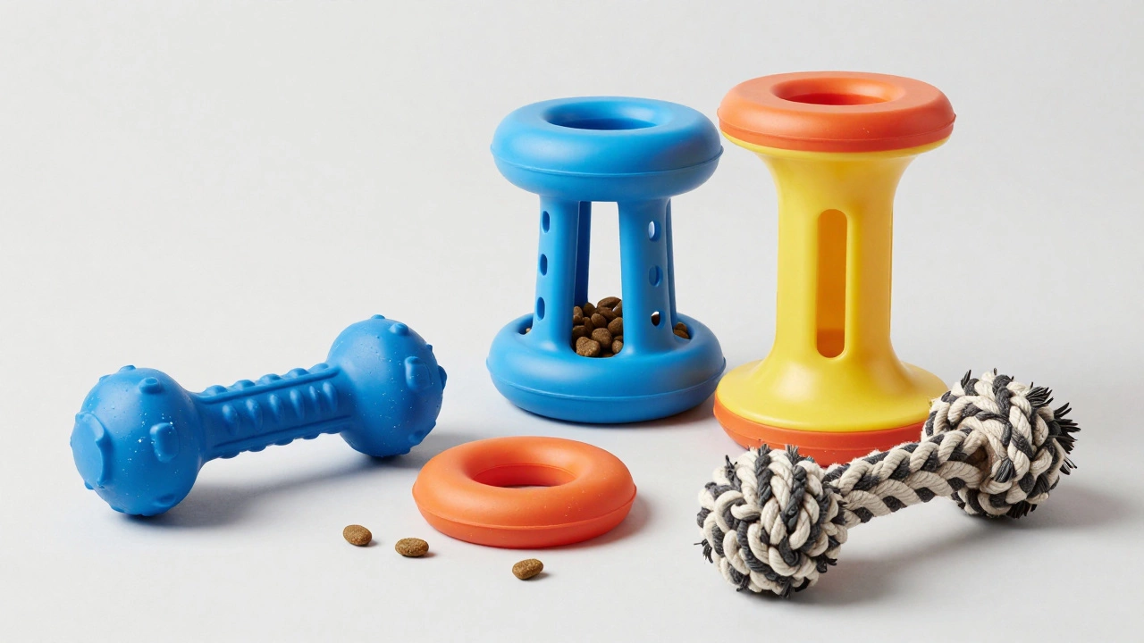 A collection of puppy chew toys and a mental puzzle feeder on a neutral background