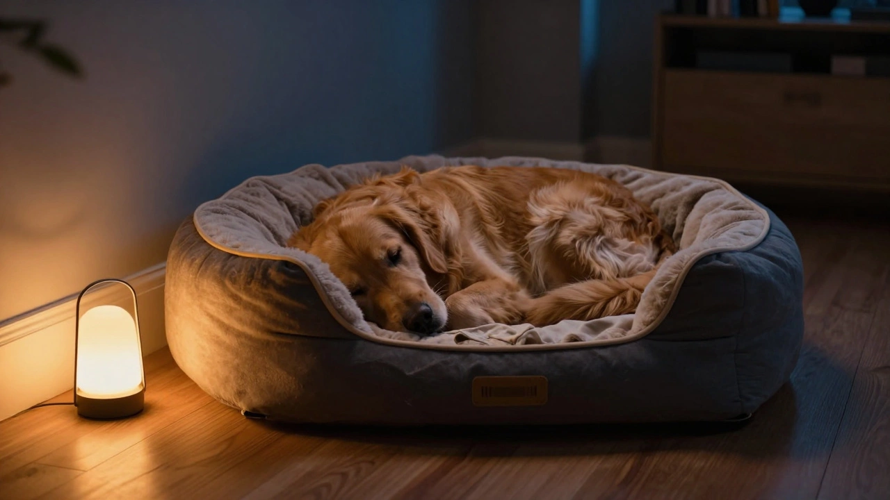 A dog sleeping peacefully in a donut bed with a warm night light nearby.