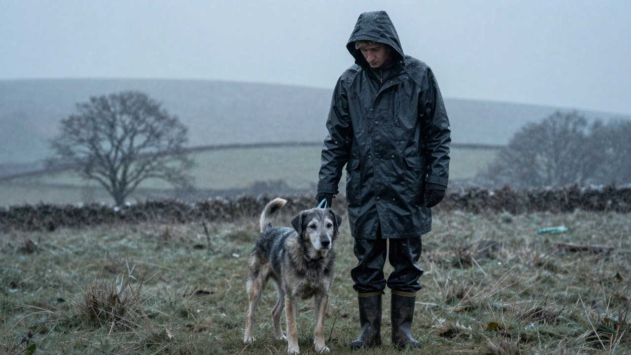 A drenched dog walker standing in a sleet storm with an elderly dog in the British countryside.