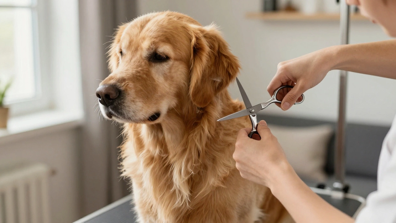 A Golden Retriever getting a precision trim with shears on a dry, fluffy coat.