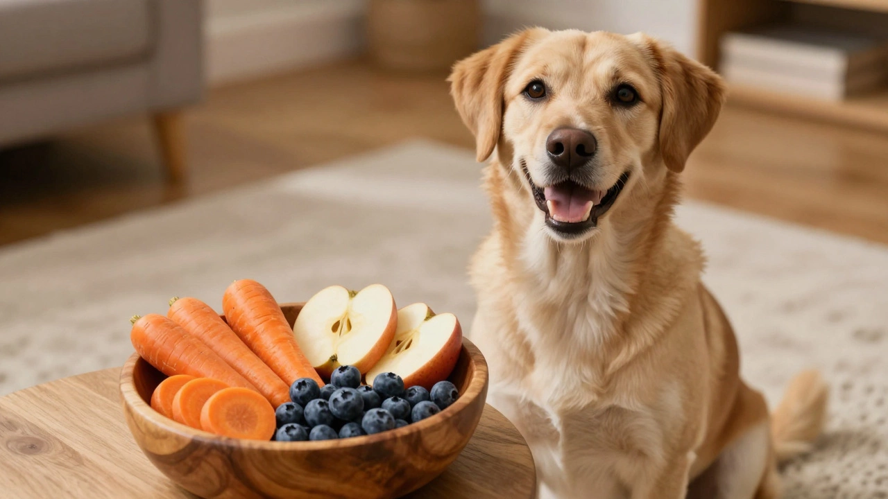 A happy dog next to a bowl of safe treats like carrots and blueberries