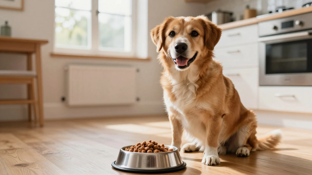 A happy dog sitting by a measured bowl of food in a sunlit kitchen.
