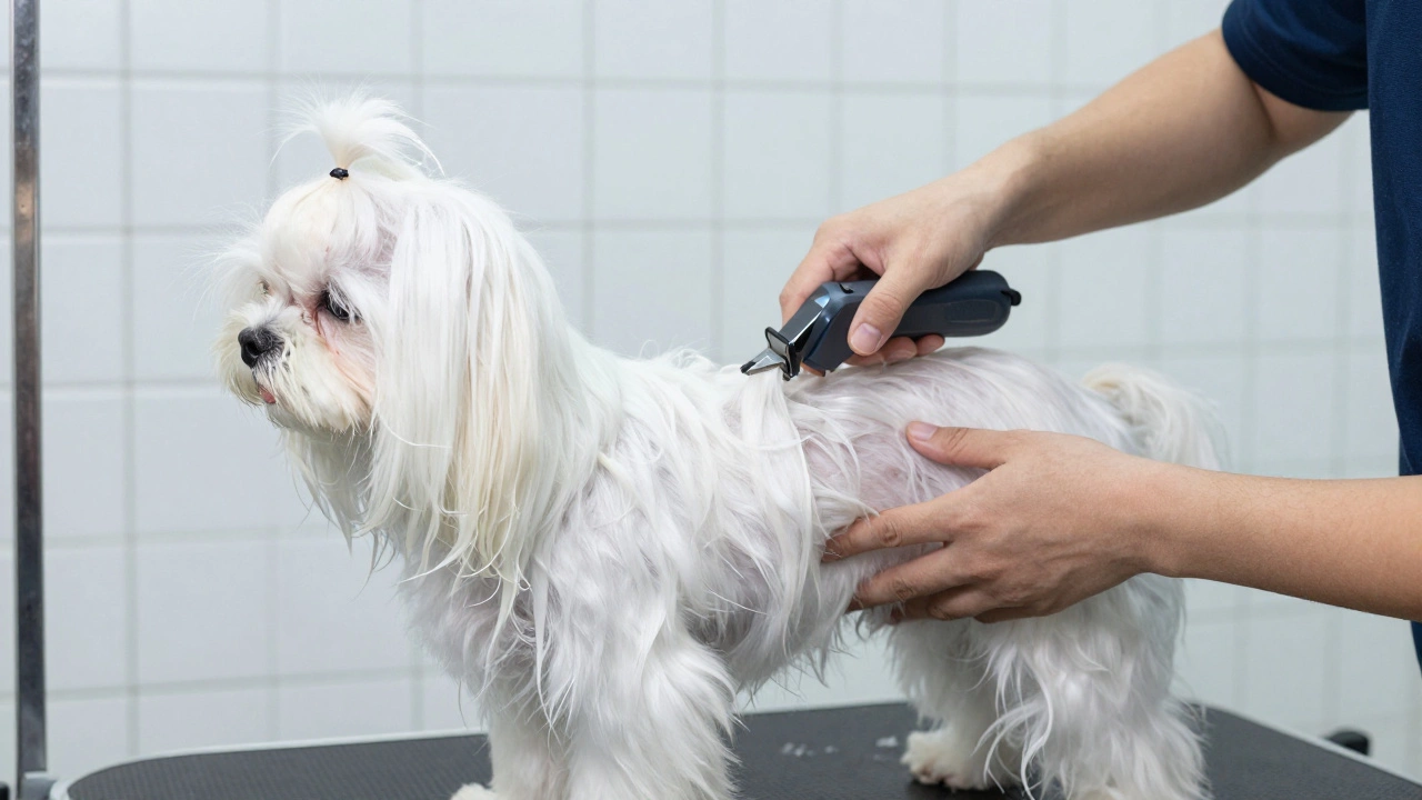 A Maltese with damp, clumped white hair receiving a bulk trim with electric clippers.