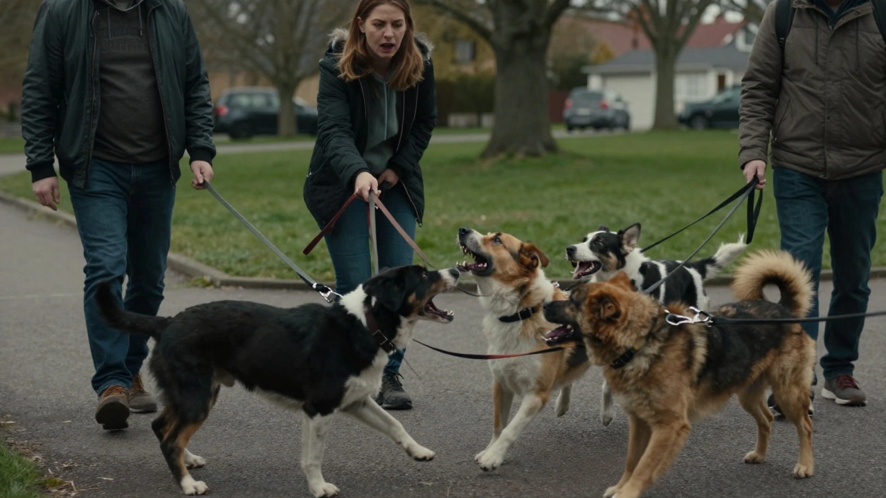 An overwhelmed dog walker trying to manage a group of dogs with tangled leashes during a conflict.
