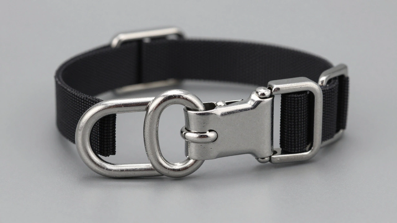 Close-up of a durable stainless steel D-ring and buckle on a dog collar