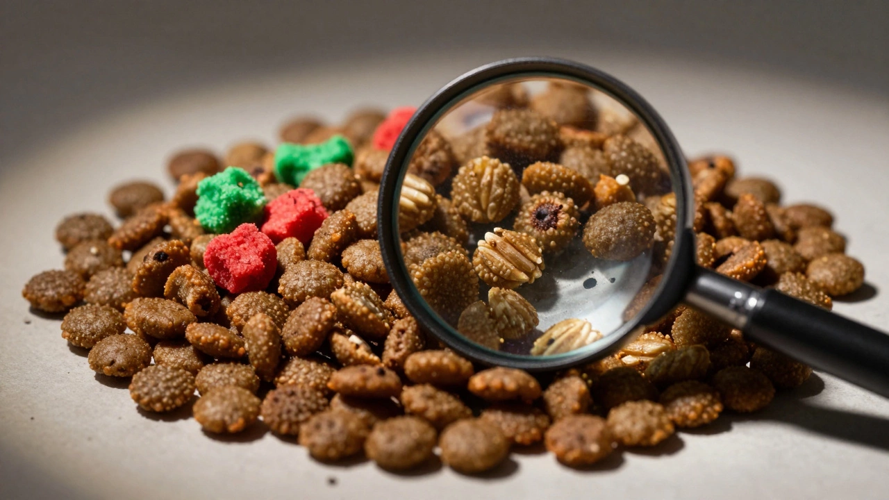 Close-up of dog kibble with unnatural red and green artificial colors.