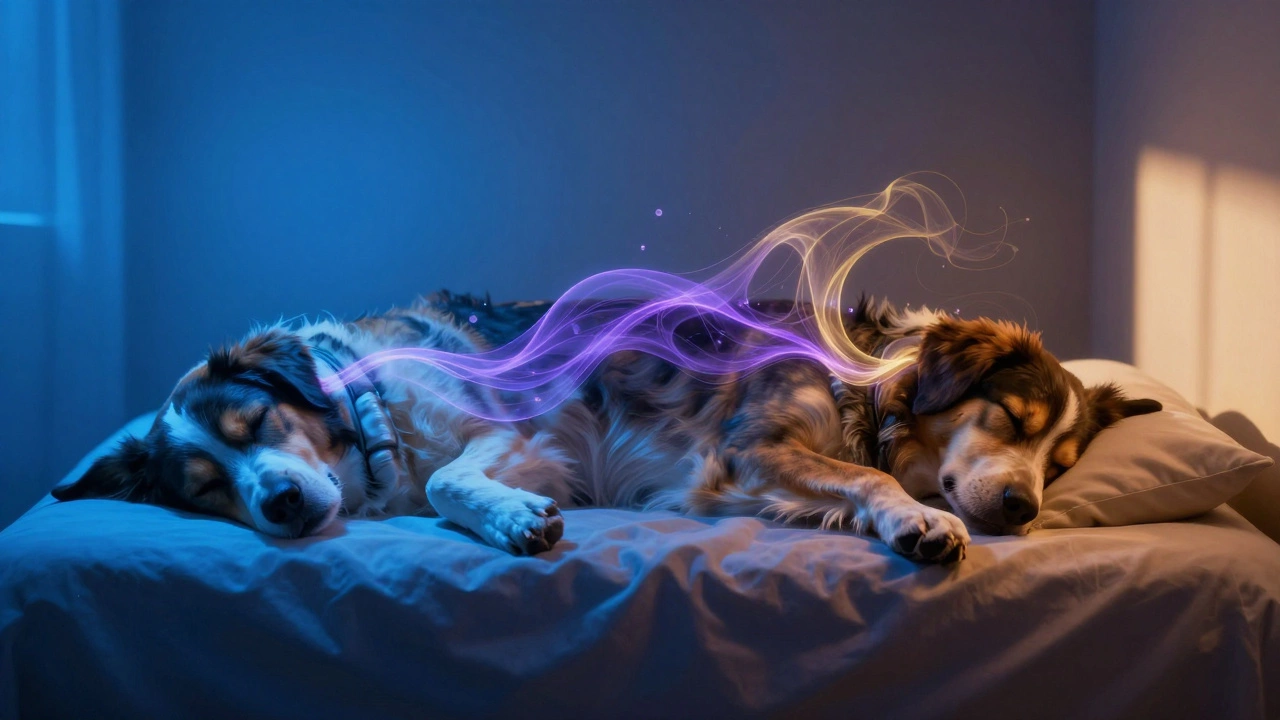 Comparison of a dog's sleep quality in bright artificial light versus warm, dim lighting.