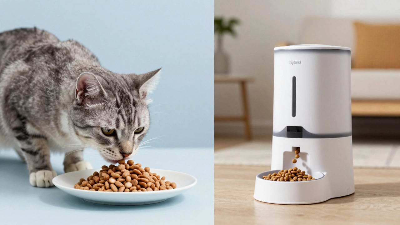 Comparison of an adult cat eating wet food and an automatic dry food dispenser