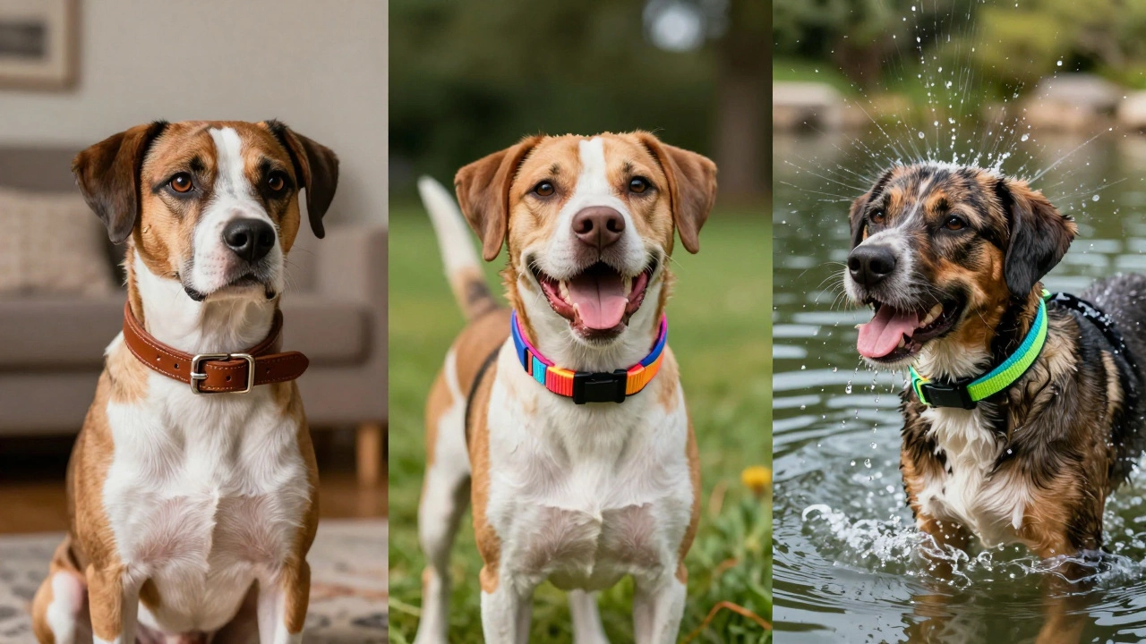 Comparison of leather, nylon, and waterproof Biothane dog collars