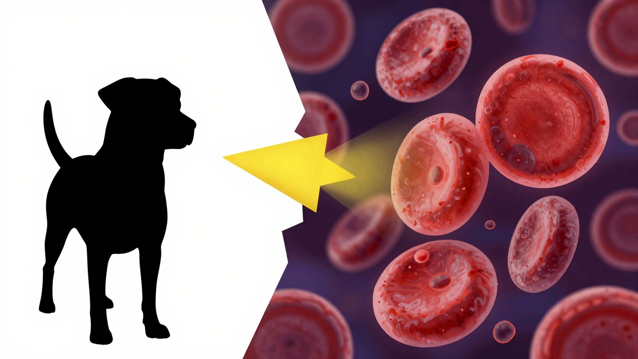 Conceptual illustration of toxins affecting a dog's blood cells