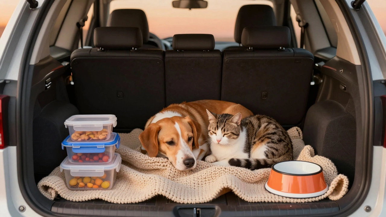 Dog and cat resting on a blanket in a car with travel supplies