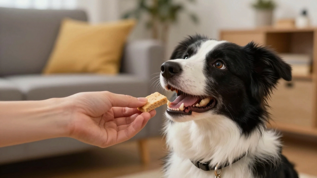 Hand giving a treat to a focused Border Collie during vibration training at home