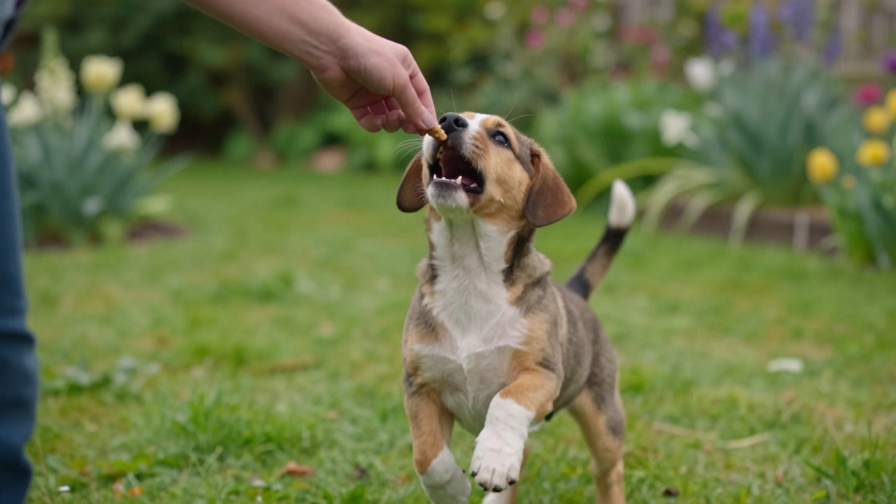 Happy puppy receiving a treat in a green garden after successful potty training