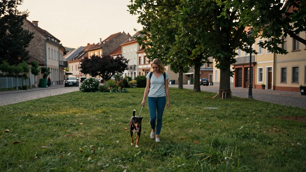 Person walking their dog through a picturesque European town park
